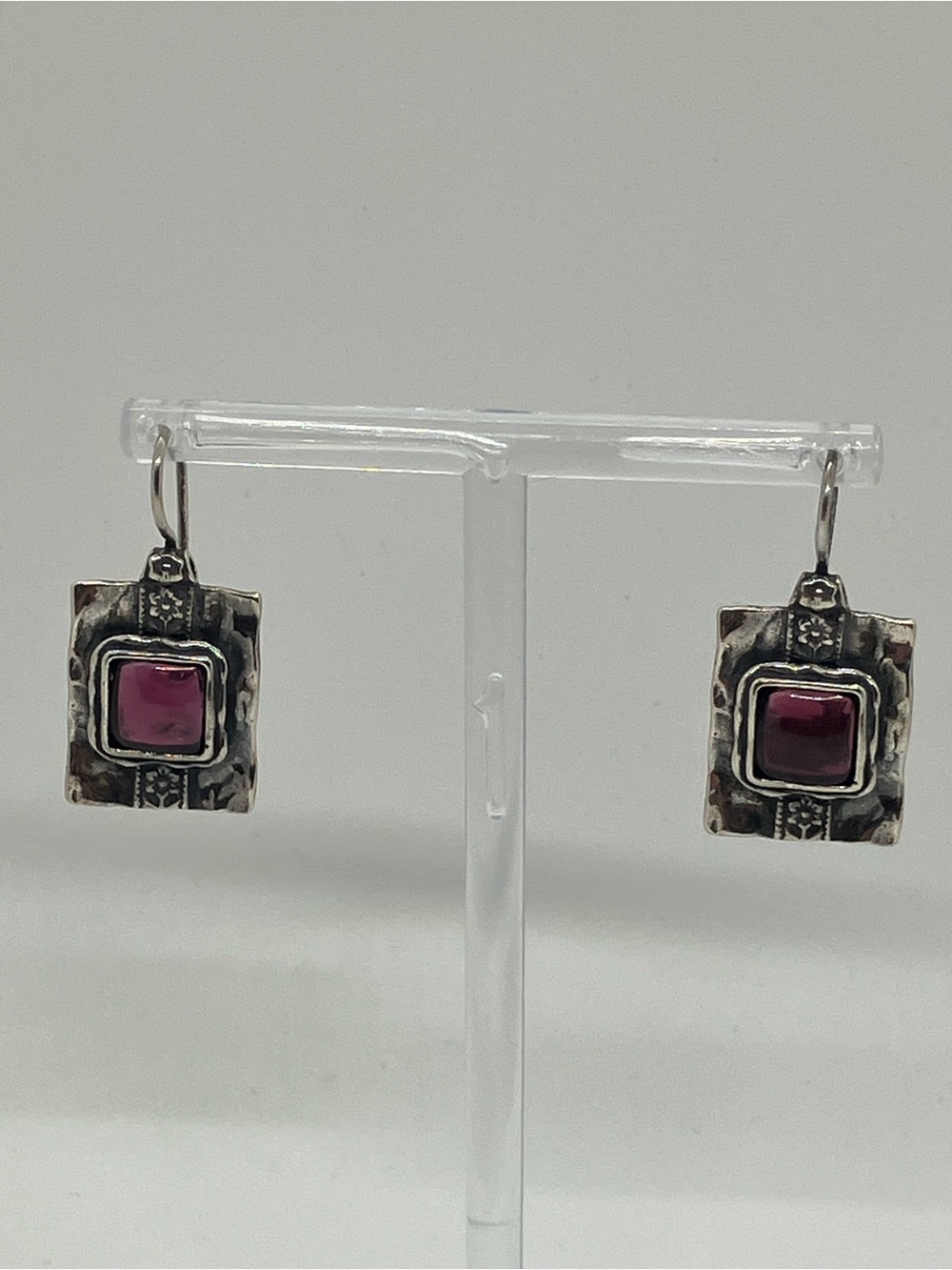 Vtg 925 Sterling Silver Shablool Didae Israel Garnet Modernist Square Earrings